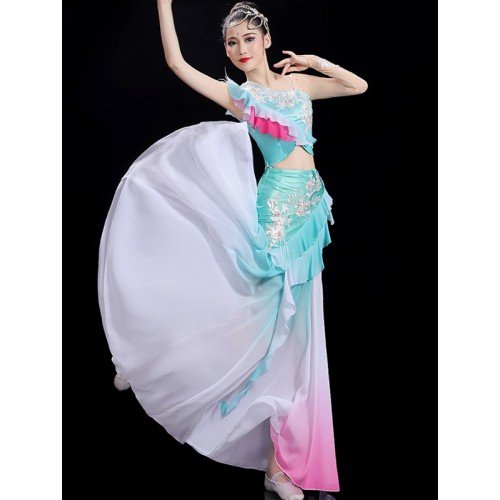 Women Blue Pink Gradient colored Chinese folk Dai dance dress mermaid belly Peacock dance dresses modern dance skirts for female